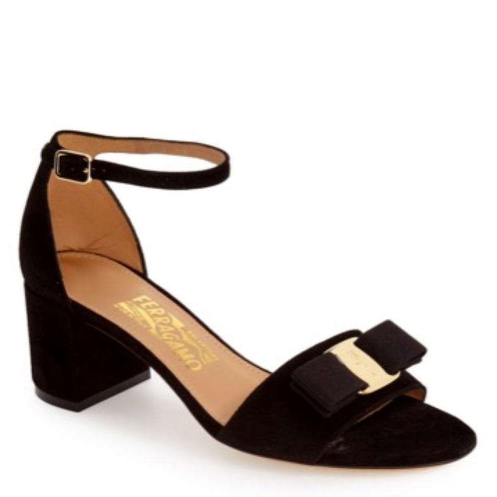 Salvatore Ferragamo Gavin Black Suede Block Heel Sandal Italy Logo Bow